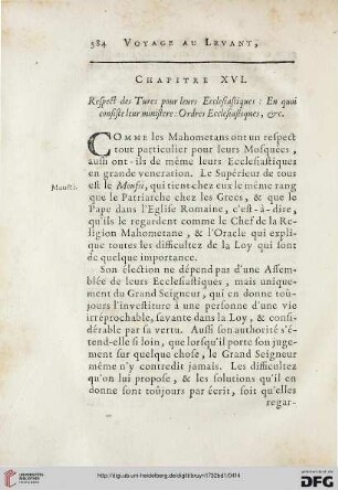 Chapitre XVI: Respect des Turcs pour leurs Ecclesiastiques: En quoi consiste leur ministere: Ordres Ecclesiastiques, &c.