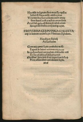 Proverbia Germanica Collecta atque in latinum traducta. per Henricum Bebelium.