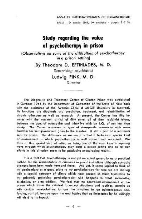 9-18, Study regarding the value of psychotherapy in prison (Observations on some of the difficulties of psychotherapy in a prison setting)