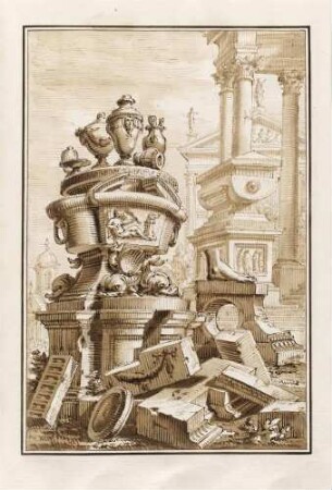 Architekturphantasie mit Ruinen und Skulpturen, aus den "Disegni di Prospettiva Ideale", Bl. 27