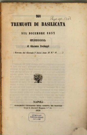 Sui tremuoti di Basilicata nel Dicembre 1857