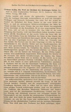 87-89 [Rezension] Kaliba, Clemens, Die Welt als Gleichnis des dreieinigen Gottes