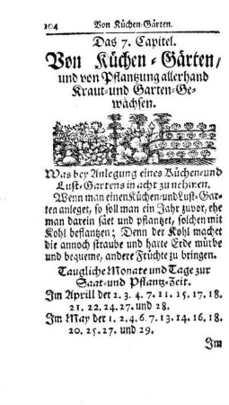 Das 7. Capitel. Von Küchen-Gärten, und von Pflantzung allerhand Kraut- und Garten-Gewächsen.