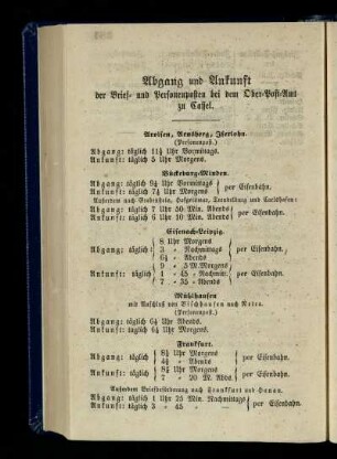 Abgang und Ankunft der Brief- und Personenposten bei dem Ober-Post-Amt zu Cassel