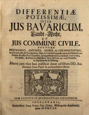 Differentiae Potissimae, Inter Jus Bavaricum, Landt-Recht, Et Jus Commune Civile