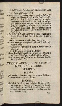 423-424, Atheistarum, Deistarum & Naturalistarum Scripta.