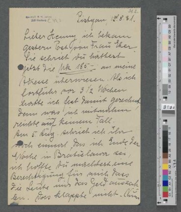 Brief an Hans Henny Jahnn