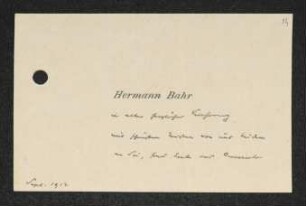 Brief von Hermann Bahr an Gerhart Hauptmann