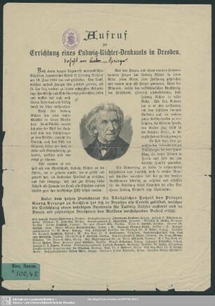 Aufruf zur Errichtung eines Ludwig-Richter-Denkmals in Dresden