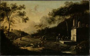Italienische Berglandschaft mit Reisenden an einem Brunnen
