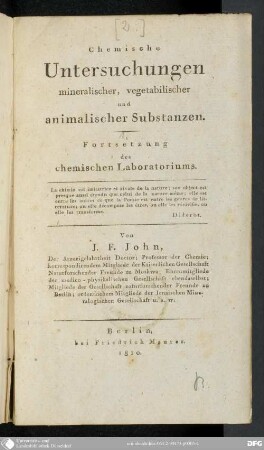 2: Chemische Untersuchungen mineralischer, vegetabilischer und animalischer Substanzen : Fortsetzung des chemischen Laboratoriums