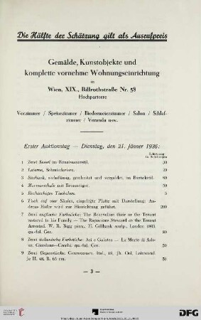 Erster Auktionstag – Dienstag, den 21. Jänner 1936 (Nr. 1-188)