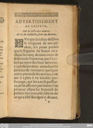Advertissement Au Lecteur, Sur le reste des oeuvres de G. de Salluste, sieur du Bartas.