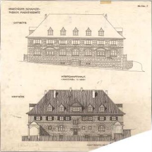 Fischer, Theodor; Marktredwitz; Baugenossenschaft Vereinigte Chamottfabrik, Wirtshaus - Ostseite (Ansicht); Westseite (Ansicht m. Schnitt)