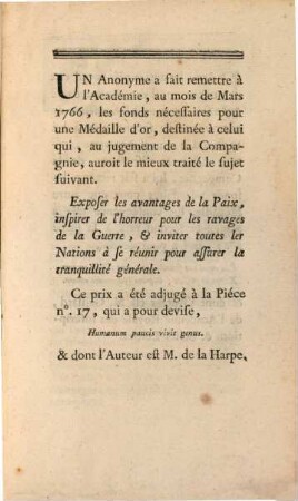 Les Avantages De La Paix : Discours Qui A Remporté Le Second Prix au jugement de l'Académie Françoise