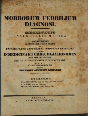 De morborum febrilium diagnosi : Dissertatio inauguralis medica