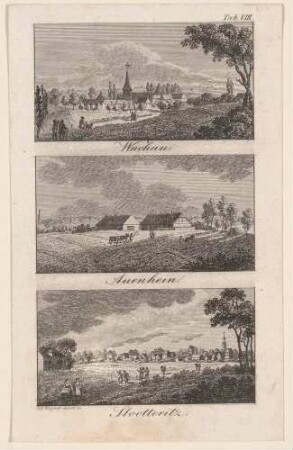 Drei Ansichten von der Umgebung Leipzigs: Die späteren Ortsteile Wachau, Auenhain und Stötteritz, Tafel VIII aus Gretschels Leipzig und seine Umgebungen