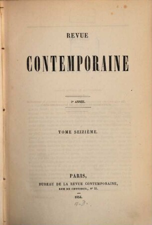 Revue contemporaine. 16 = A. 3. 1854