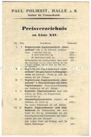 Preisliste über feinmechanische Geräte