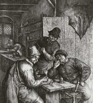 Die drei trinkenden und rauchenden Bauern am Tisch