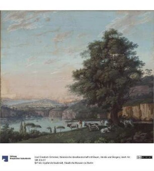 Italienische Ideallandschaft mit Baum, Herde und Bergen