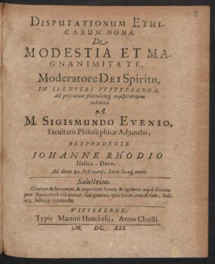 Disputationum Ethicarum Nona. De Modestia Et Magnanimitate