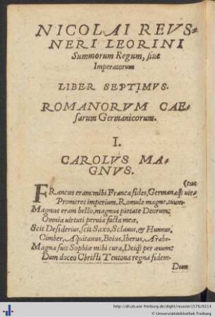 Nicolai Reusneri Leorini Summorum regum Liber Septimus.