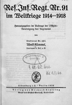 [1], Bd. 171: Res.-Inf.-Regt. Nr. 91 im Weltkriege 1914 - 1918