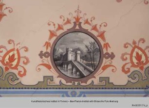Tondi mit Landschaftsdarstellungen : Steinbrücke und Festung in orientalischer Landschaft