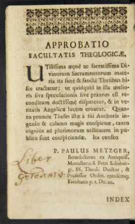 Approbatio Facultatis Theologicae.