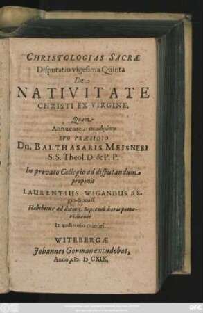 Christologias Sacrae Disputatio vigesima Quinta De Nativitate Christi Ex Virgine