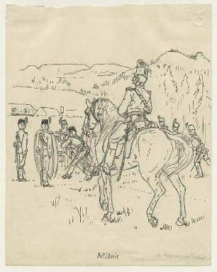 Trupp Kanoniere der Artillerie beim Ausrichten eines Geschützes, davor Offizier zu Pferd in Mittelgebirgslandschaft