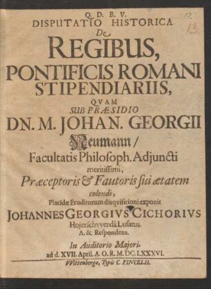 Disputatio Historica De Regibus, Pontificis Romani Stipendiariis