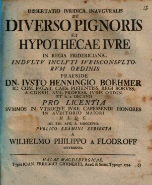 Dissertatio Ivridica Inavgvralis De Diverso Pignoris Et Hypothecae Ivre