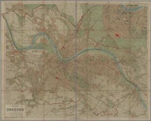 Stadtplan von Dresden, 1:15 000, Lithographie, ca. 1914 : Plan von Dresden : mit verbreiterten Straßenzügen ; nach vermessungsamtlichen Unterlagen bearbeitet / von C. C. Meinhold & Söhne. - 1:15 000. - Dresden : Meinhold , [ca. 1914]. - 1 Kt. : mehrfarb. ; 86 x 69 cm, gefaltet