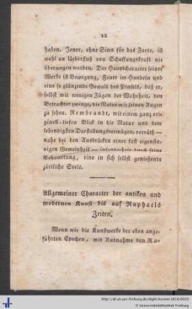 Allgemeiner Character der antiken und modernen Kunst bis auf Raphaels Zeiten.