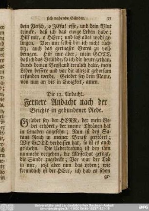Die 12. Andacht. Fernere Andacht nach der Beichte in gebundener Rede.