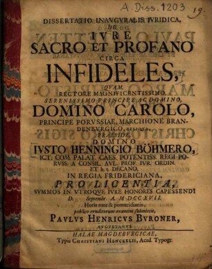 Dissertatio Inavgvralis Ivridica De Ivre Sacro Et Profano Circa Infideles
