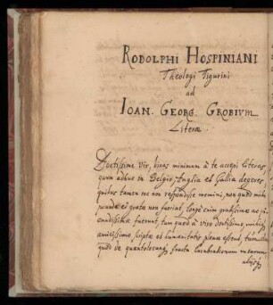 [Brief von Rodolph Hospinian an Johann Georg Grobius]