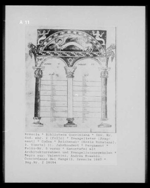 Evangelistar — Kanontafel mit Architekturrahmen und Evangelistensymbolen, Folio 5 verso