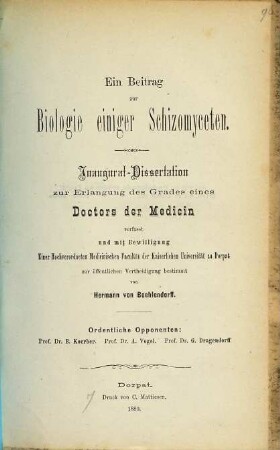 Ein Beitrag zur Biologie einiger Schizomyceten : Dorp. Inaug. Diss.