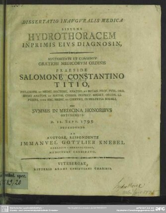 Dissertatio Inauguralis Medica Sistens Hydrothoracem Inprimis Eius Diagnosin