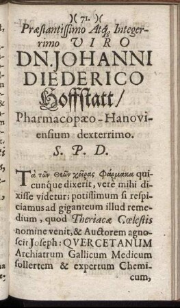 Praestantissimo ... Viro Dn. Johanni Diederico Hoffstatt ...