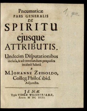 Pneumaticae Pars Generalis De Spiritu ejusque Attributis.