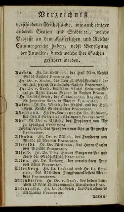 Verzeichniß verschiedener Reichsstände, wie auch einiger anderen Grafen und Städte etc., welche Prozesse an dem kaiserlichen und Reichs-Cammergericht haben,[...]
