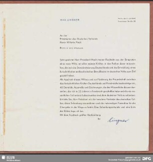 An den Präsidenten des Deutschen Volksrats : [Brief von Max Lingner an Wilhelm Pieck, 11.07.1949]
