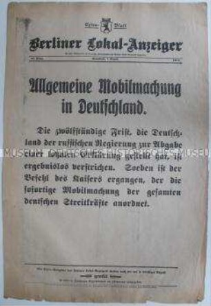 Extra-Blatt des "Berliner Lokal-Anzeiger" zur allgemeinen Mobilmachung