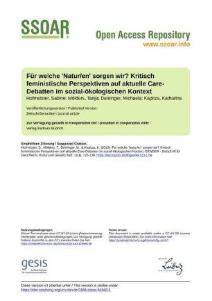 Für welche 'Natur/en' sorgen wir? Kritisch feministische Perspektiven auf aktuelle Care-Debatten im sozial-ökologischen Kontext
