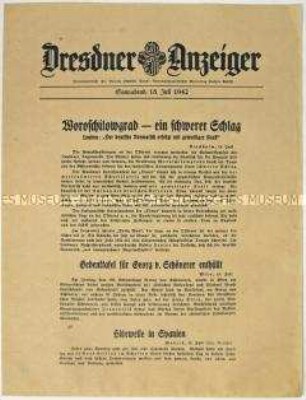 Nachrichtenblatt "Dresdner Anzeiger" u.a. zum Kampf um Woroschilowgrad