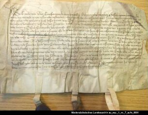 Eweke und Ulbet in Uphusen übereignen dem Häuptling Edzard Cirksena ihre Ländereien im Hammrich von Osterhusen = OUB I, Nr. 521, S. 462 Anhängendes Siegel 1 beschädigt erhalten, 2 verloren
